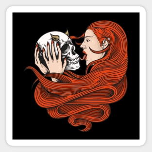 girl holding skull illustration Magnet